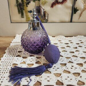 Purple Glass Diamond Cut Perfume Bottle w/ Atomizer Unused